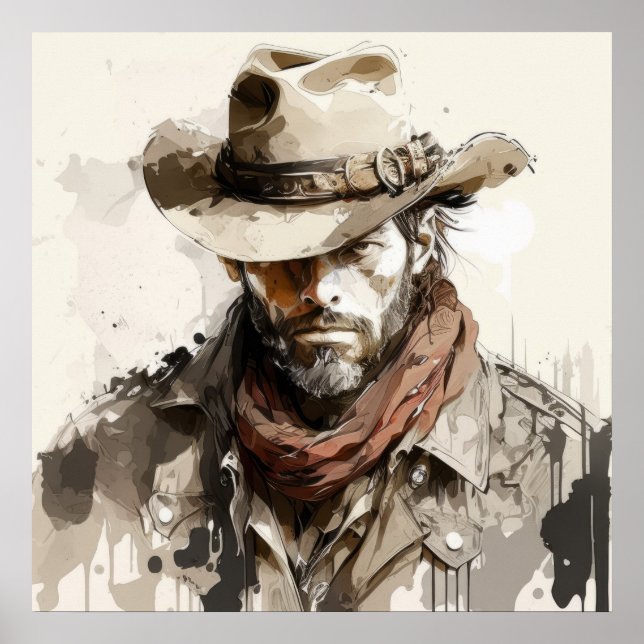 Poster Western Cowboy Portrait Peinture Chevaux historiqu (Devant)