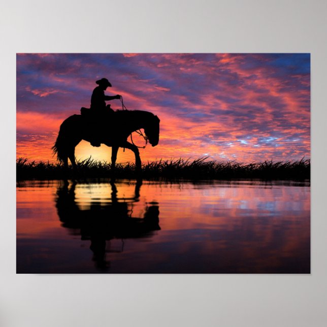 Poster Western Sunset Cowboy sur Horse Big Sky (Devant)