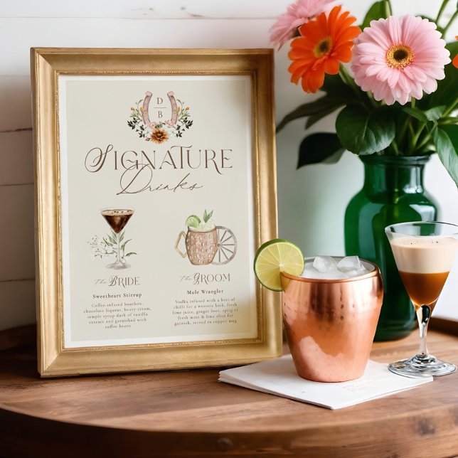 Poster Western Watercolor Bride & Groom Signature Boisson (Western Watercolor Bride & Groom Signature Drinks Poster)