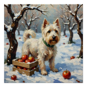 Poster Westie vintage dans un verger enneigé à Noël