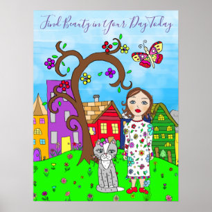 Poster Whimsal Fold Art, Lady and Cat in Village