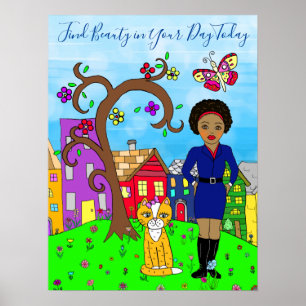 Poster Whimsal Fold Art, Lady and Cat in Village