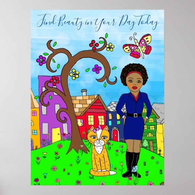 Poster Whimsal Fold Art, Lady and Cat in Village (Devant)