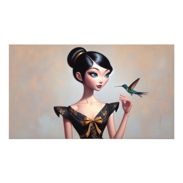 Poster Whimsical Asiatique fille avec Colibri (Devant)