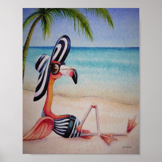 Poster Whimsical Beach Babe Flamant rose 1 Aquarelle 8x10 (Devant)