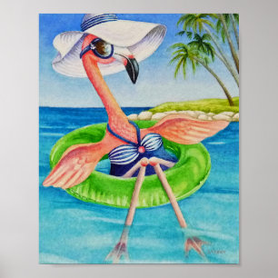 Poster Whimsical Beach Babe Flamant rose 3 Aquarelle 8x10