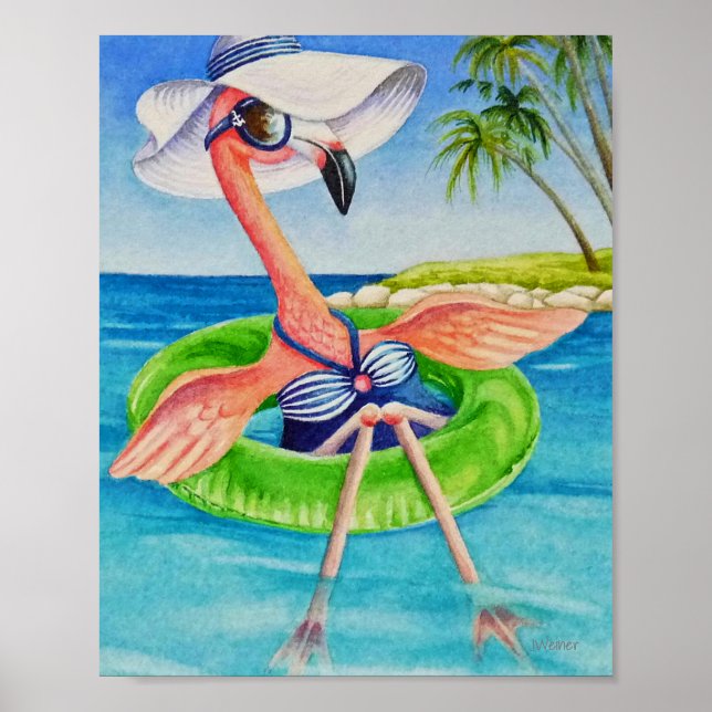 Poster Whimsical Beach Babe Flamant rose 3 Aquarelle 8x10 (Devant)