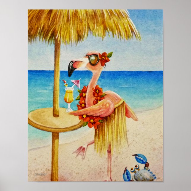 Poster Whimsical Beach Babe Flamant rose 4 Aquarelle 11x1 (Devant)