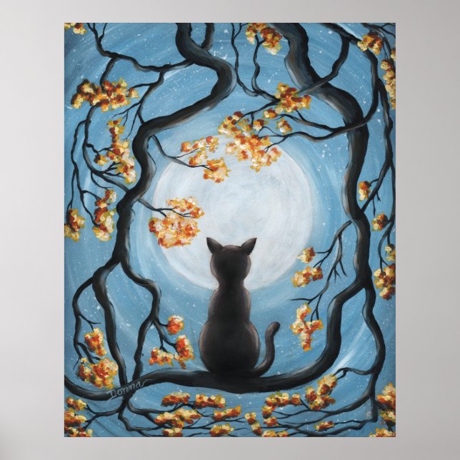 Poster Whimsical Cat à Tree Full Moon Painting (Devant)