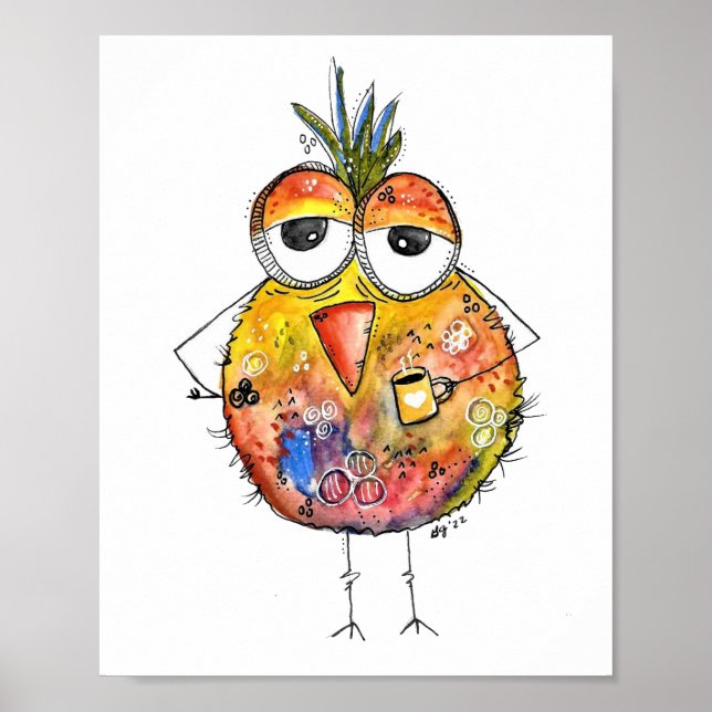 Poster Whimsical Colorful Bird Boire Café (Devant)