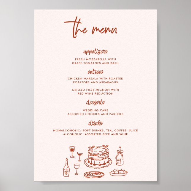 Poster Whimsical Doodle Food Drawing Wedding (Devant)