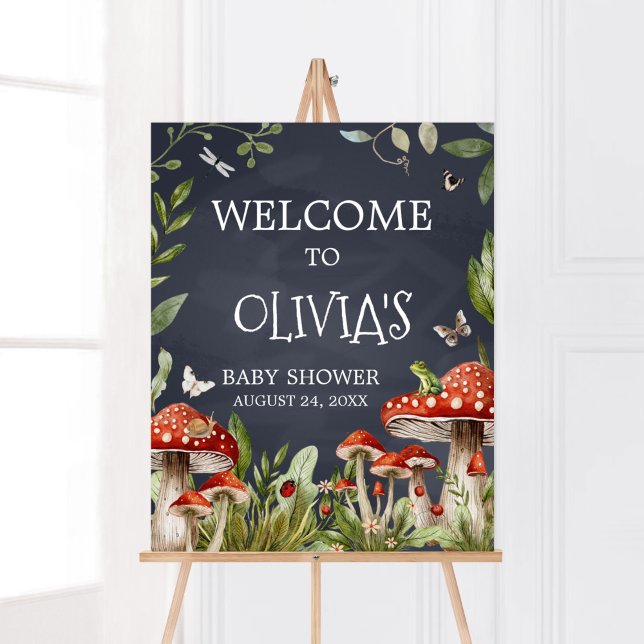 Poster Whimsical Enchanted Forest Champignons Accueil (Rustic Mushroom Baby Shower Welcome Sign)
