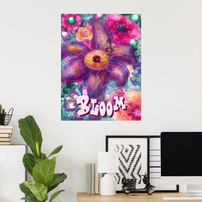 Poster Whimsical Floral Abstract Art Teal Personalized (Bureau à domicile)
