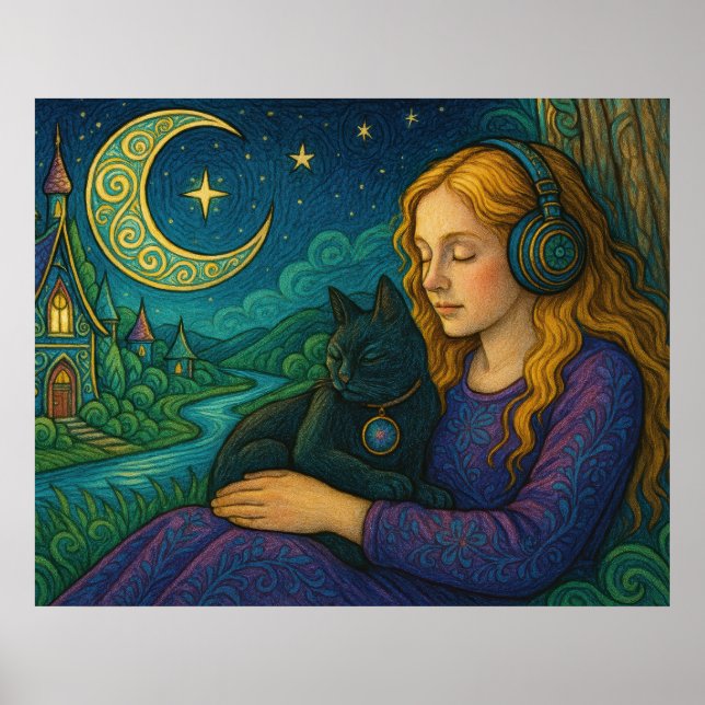 Poster Whimsical Girl with Black Cat Under Crescent Moon (Devant)