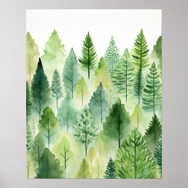 Poster Whimsical Green Forest Trees Woodland Nursery Art (Devant)