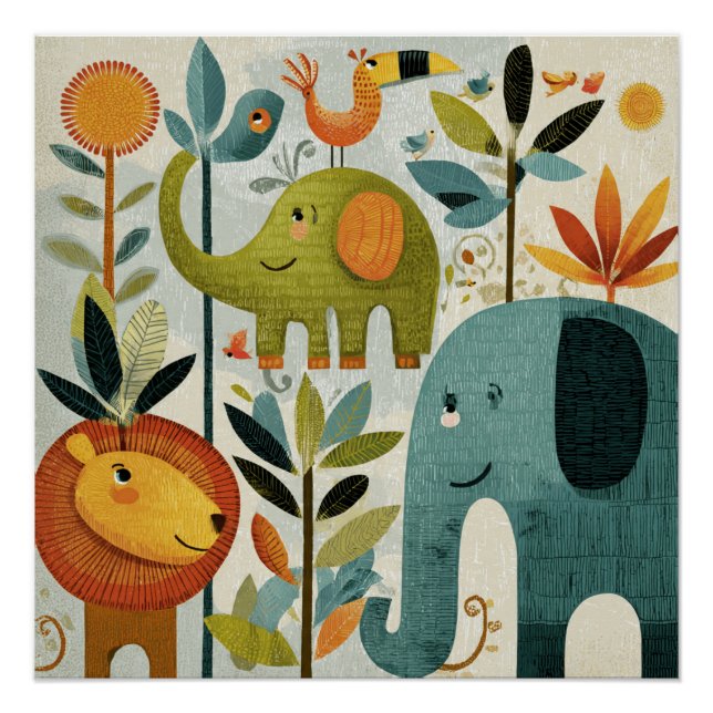 Poster Whimsical Jungle Animals Nursery Wall Art (Devant)