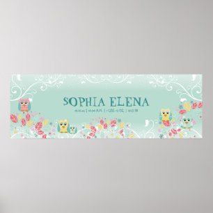 Poster Whimsical mignon Fun Swirl Owl Owls Baby Name Wall
