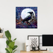Whimsical Raven Lune Floral Noir Blanc Bleu