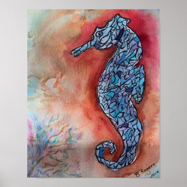 Poster Whimsical Seahorse sur Arrière - plan d'aquarelle (Devant)