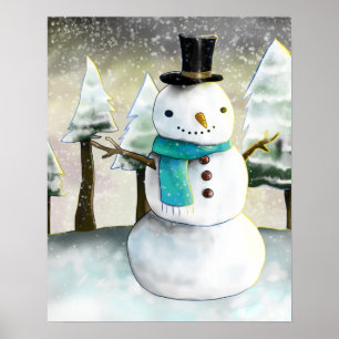 Poster Whimsical Snowman in Winter Christmas Drawing
