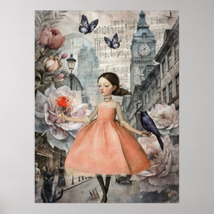 Poster Whimsical Victorian Gothic Girl & Florals Londres