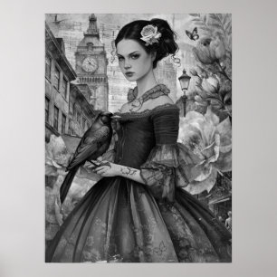 Poster Whimsical Victorian Gothic Girl & Florals Londres