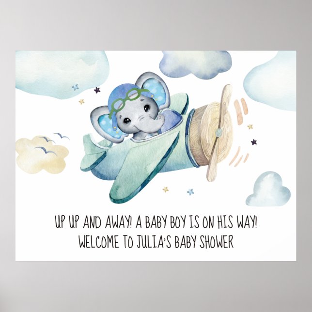 Poster Whimsical Watercolor Elephant Baby shower avion (Devant)