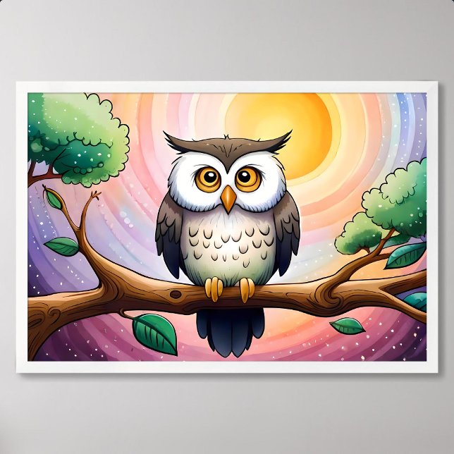 Poster Whisper de la chouette peinte au milieu de la lune (owl painting moon star night twigs tree colorful)