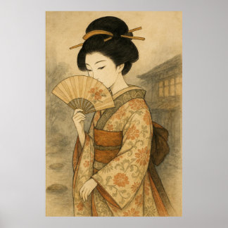 Poster Whispers Behind the Fan: Geisha in Stillness