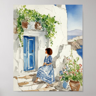 Poster Whispers of the Aegean Santorini Aquarelle