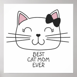Poster White best cat Mom ever with cute cartoon kitty