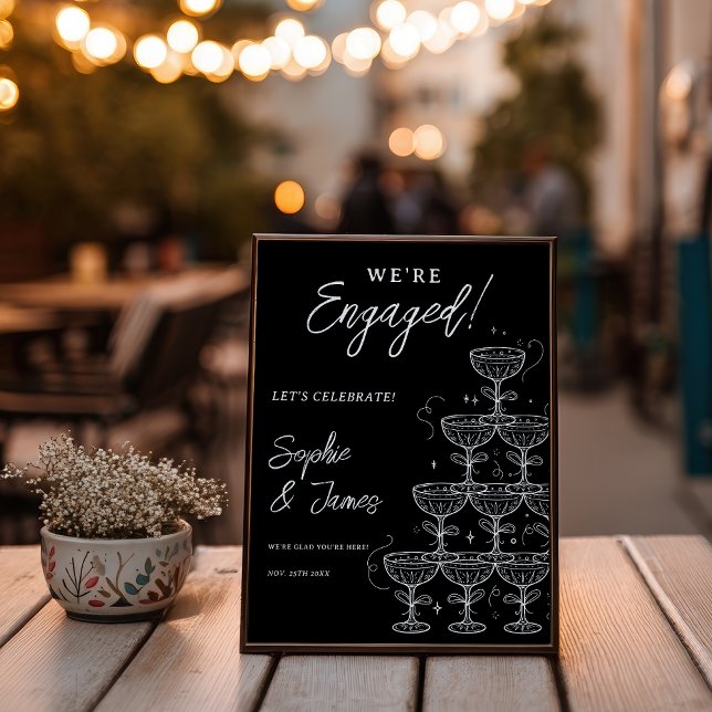 Poster White Black Champagne Tower Engagement Welcome (White Black Champagne Tower Photo Engagement Invitation)