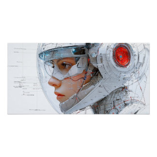 Poster White cybernetic woman with intricate schematic ci