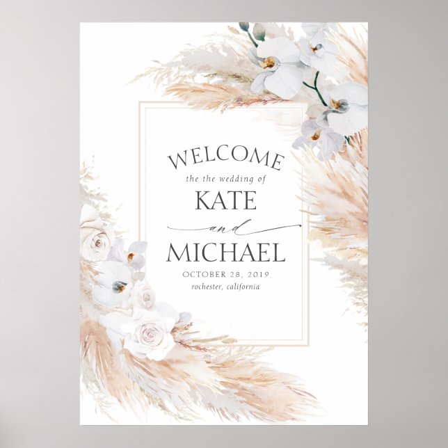 Poster White Floral Pampas Grass Mariage Tropical Bienven (Devant)