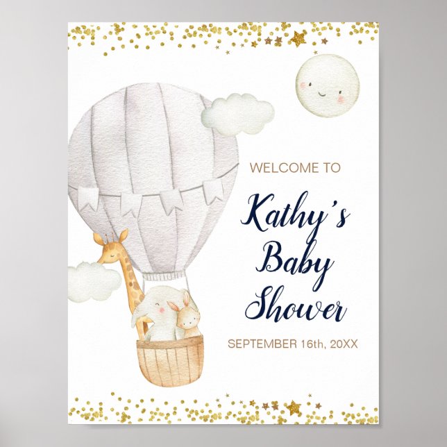 Poster White Hot air Balloon Jungle Baby shower Bienvenue (Devant)