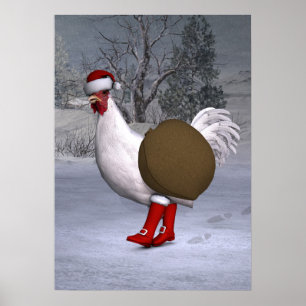 Poster White Rooster Santa Claus