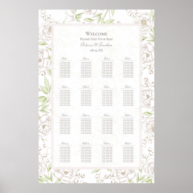 Poster White Rose Classic Wedding Seating Chart (Devant)