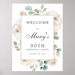 Poster White Rose Floral 100th Birthday Welcome Sign