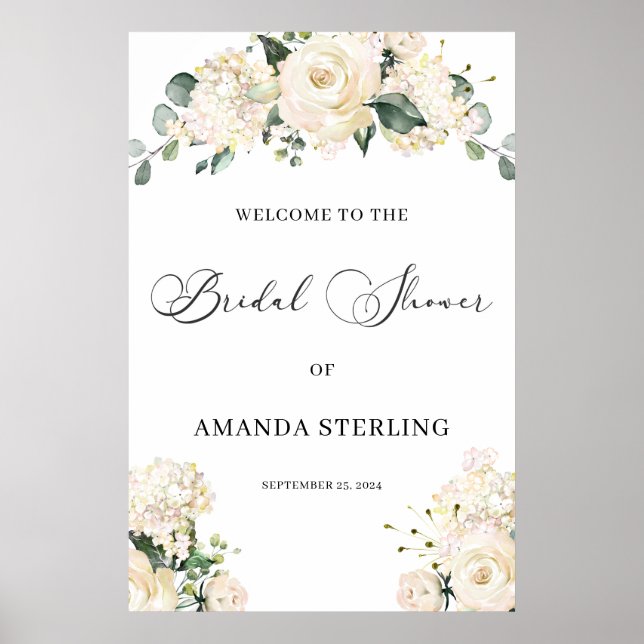 Poster White Roses hydrangées signe de bienvenue vert (Devant)