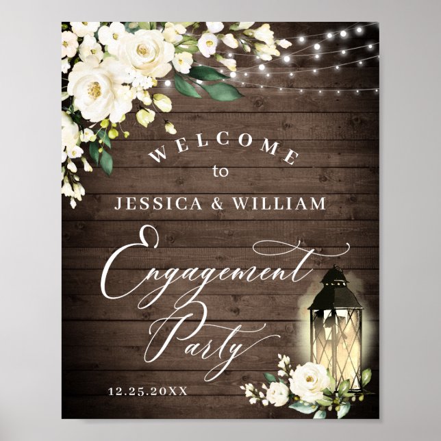 Poster White Roses Lanterne Russe Bois Partie d'engagemen (Devant)
