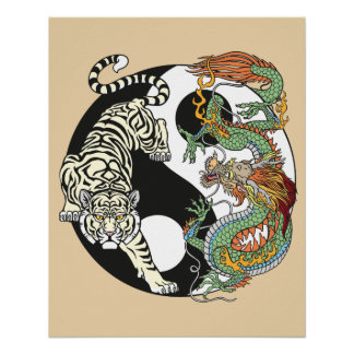 Poster White tiger versus green dragon in the yin yang