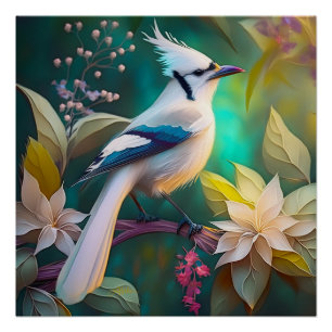 Poster White Tufé Turquoise Wing Jay Imaginaire Bird