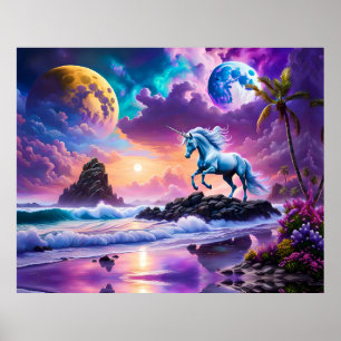 Poster White Unicorn Imaginaire Tropical Beach