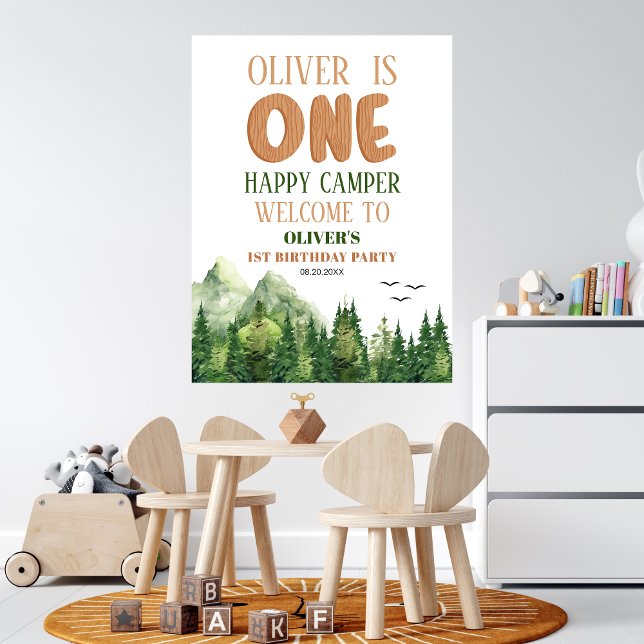 Poster White Woodland Happy Camper First Birthday Welcome (Créateur téléchargé)