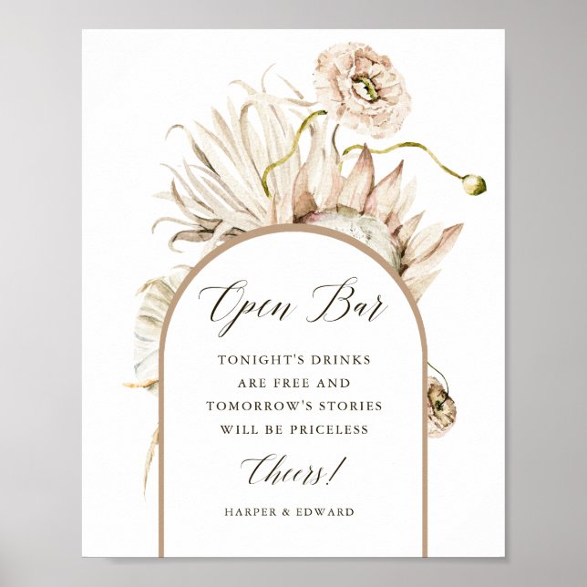 Poster Wild Boho Protea Pampas Grass Mariage Open Bar (Devant)