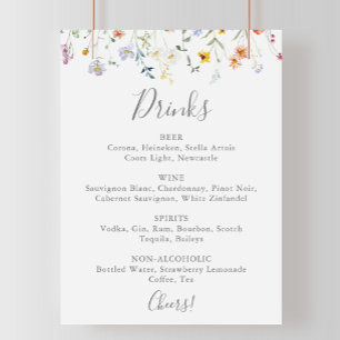 Poster Wild Multicolor Floral Mariage Boissons Menu Signe