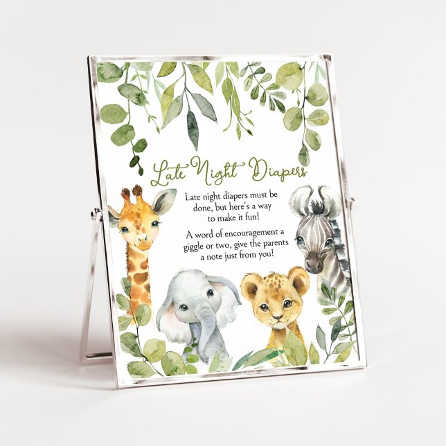 Poster Wild One Jungle Safari Late Night Diapeurs (Greenery Animals Baby Shower  Late Night Diapers Sign)