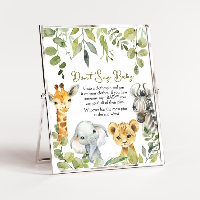 Poster Wild One Jungle Safari Ne dis pas Baby (Greenery Animals Baby Shower  Don't Say Baby Sign)