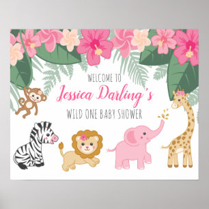 Poster Wild one Safari / Girl Jungle Baby shower bienvenu