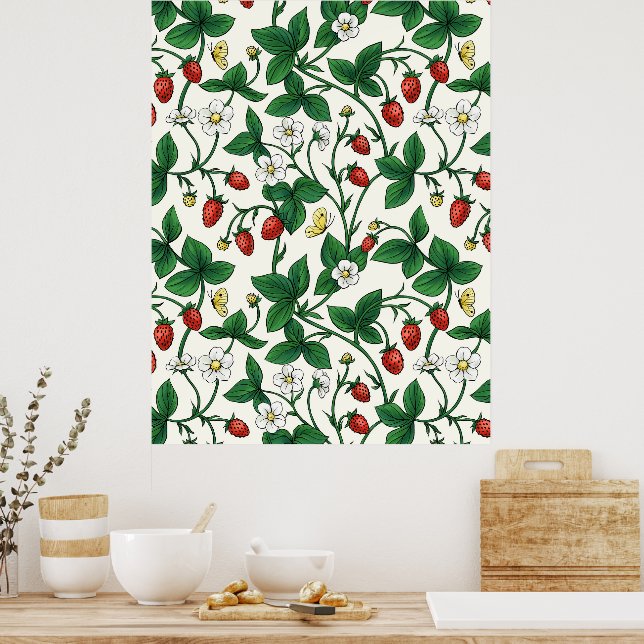 Poster Wild strawberries red/yellow/green/off white (Cuisine)